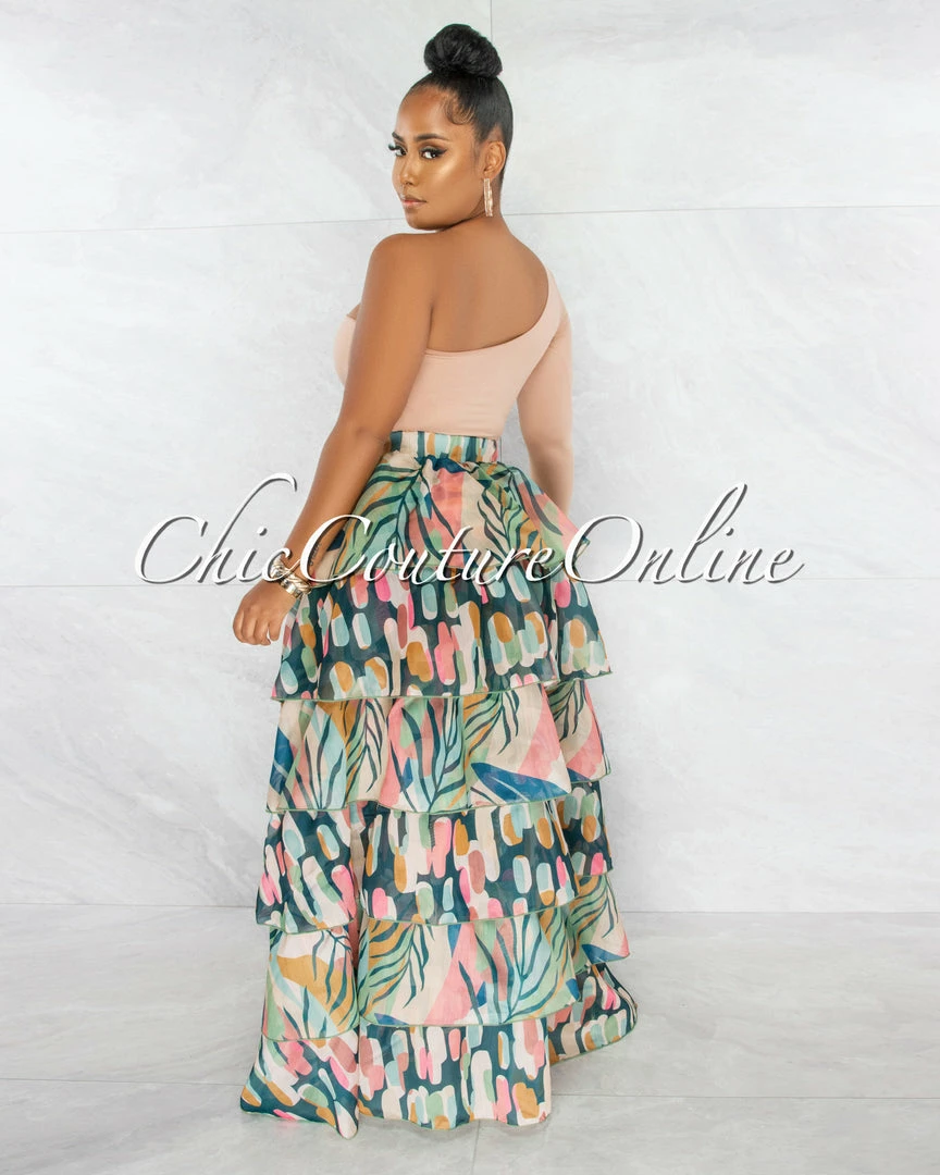 Chic Couture Online JUST IN Davis Nude Multi-Color Print Ruffled Tiered Maxi Bodysuit Skirt