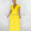 Chic Couture Online JUST IN Piper Lime Yellow Ruffle Neckline Wide Legs Jumpsuit