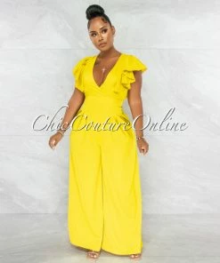 Chic Couture Online JUST IN Piper Lime Yellow Ruffle Neckline Wide Legs Jumpsuit
