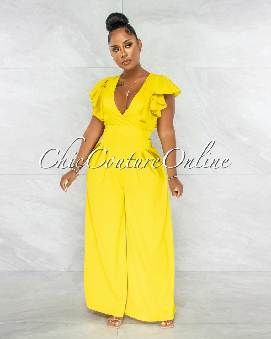 Chic Couture Online JUST IN Piper Lime Yellow Ruffle Neckline Wide Legs Jumpsuit