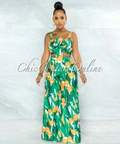 Vendor-unknown JUST IN Caxton Green Orange Print Bow Top & Wide Pants Set