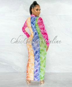 Chic Couture Online Chance Rainbow Tie-Dye Print Sheer Buttons Maxi Shirt Dress JUST IN