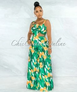 Vendor-unknown JUST IN Caxton Green Orange Print Bow Top & Wide Pants Set