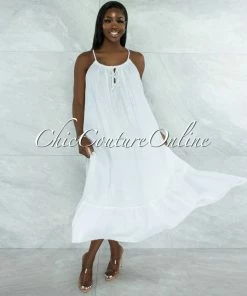 Vendor-unknown Nassar Off-White Braid Straps Ruffle Hem Maxi LINEN Dress JUST IN