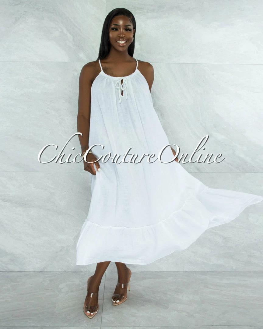 Vendor-unknown Nassar Off-White Braid Straps Ruffle Hem Maxi LINEN Dress JUST IN