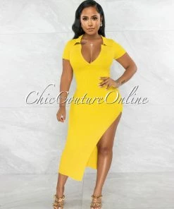 Chic Couture Online JUST IN Earlston Yellow Ribbed Collar Maxi Dress