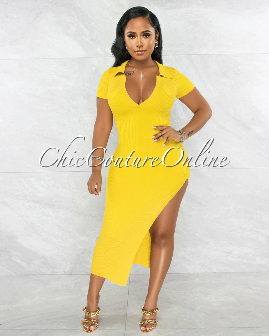 Chic Couture Online JUST IN Earlston Yellow Ribbed Collar Maxi Dress