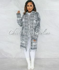 Vendor-unknown Pales Grey White Aztec Print Fringe Kimono Cardigan