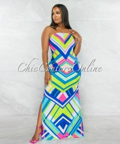 Vendor-unknown Estampa Green Blue Chevron Print Strappy Back Maxi Dress JUST IN