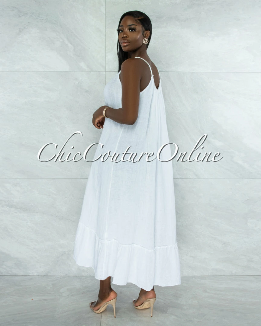 Vendor-unknown Nassar Off-White Braid Straps Ruffle Hem Maxi LINEN Dress JUST IN