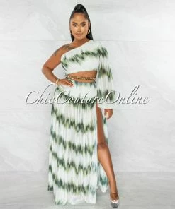Chic Couture Online Roxanne Green White Gold Shimmer Chain Belt Cut-Out Maxi Dress