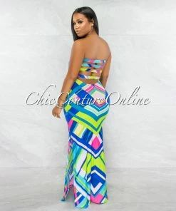 Vendor-unknown Estampa Green Blue Chevron Print Strappy Back Maxi Dress JUST IN