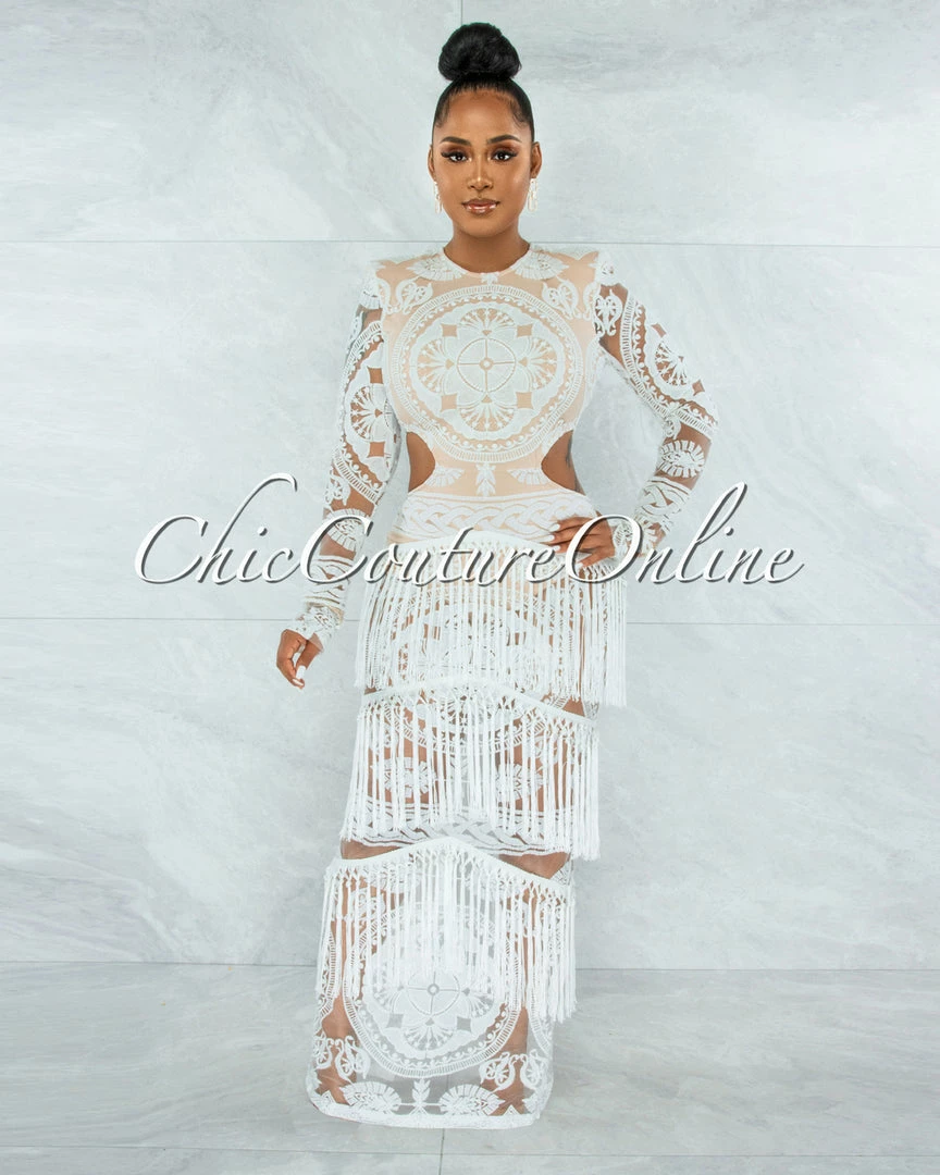 Vendor-unknown JUST IN Nissan Off-White Nude Illusion Crochet Fringe Accent Maxi Dress
