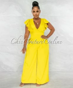 Chic Couture Online JUST IN Piper Lime Yellow Ruffle Neckline Wide Legs Jumpsuit