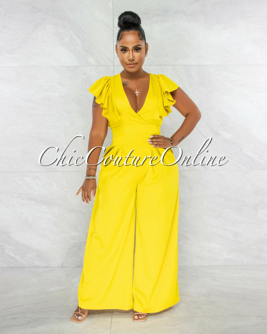 Chic Couture Online JUST IN Piper Lime Yellow Ruffle Neckline Wide Legs Jumpsuit
