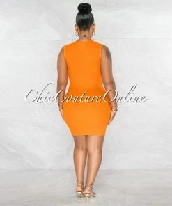 Chic Couture Online Chandler Orange Deep V Neck Ribbed Dress