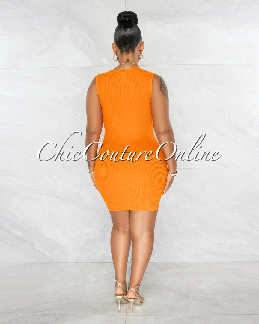 Chic Couture Online Chandler Orange Deep V Neck Ribbed Dress