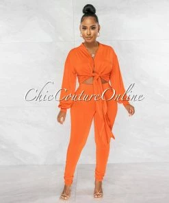 Chic Couture Online JUST IN Sophia Orange Front Tie Top & Leggings Set
