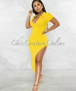 Chic Couture Online JUST IN Earlston Yellow Ribbed Collar Maxi Dress