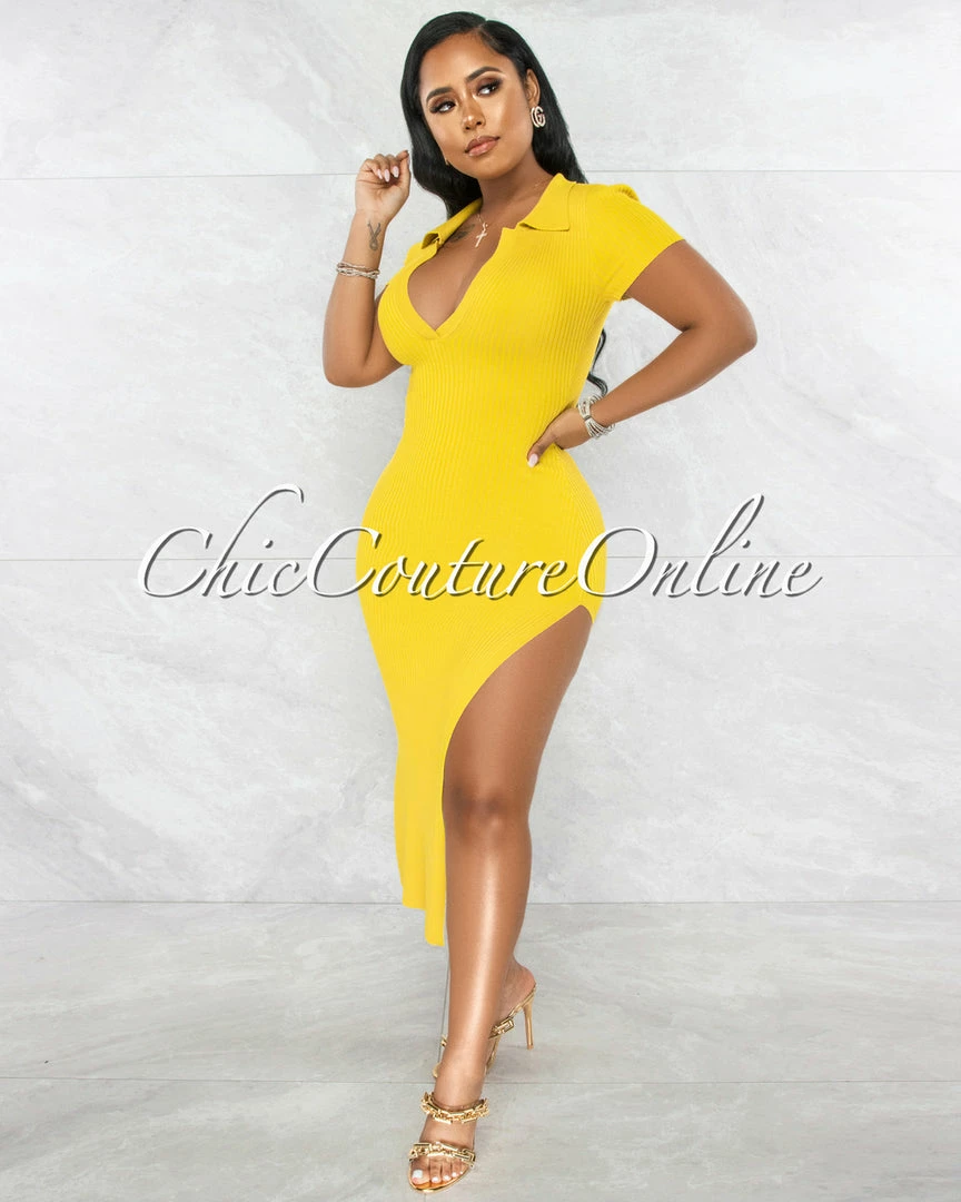 Chic Couture Online JUST IN Earlston Yellow Ribbed Collar Maxi Dress