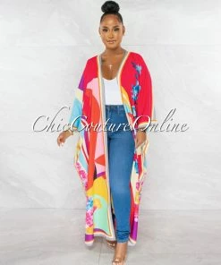 Chic Couture Online Laurice Red Multi-Color Long Kimono Duster