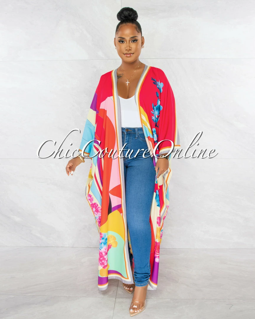 Chic Couture Online Laurice Red Multi-Color Long Kimono Duster