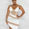 Chic Couture Online JUST IN Griega White Nude Mesh Accent Asymmetrical Hem Dress