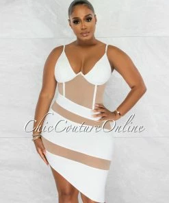 Chic Couture Online JUST IN Griega White Nude Mesh Accent Asymmetrical Hem Dress