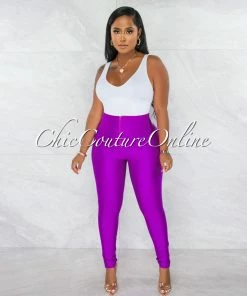 Chic Couture Online Zandrie Purple High Waist Front Zipper Shimmer Leggings