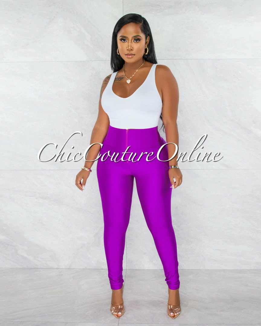 Chic Couture Online Zandrie Purple High Waist Front Zipper Shimmer Leggings