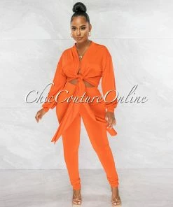 Chic Couture Online JUST IN Sophia Orange Front Tie Top & Leggings Set
