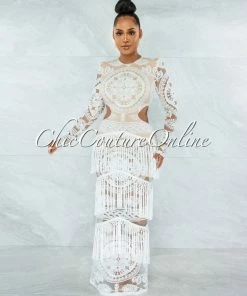 Vendor-unknown JUST IN Nissan Off-White Nude Illusion Crochet Fringe Accent Maxi Dress