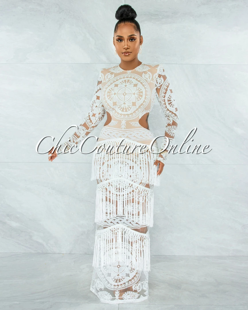 Vendor-unknown JUST IN Nissan Off-White Nude Illusion Crochet Fringe Accent Maxi Dress