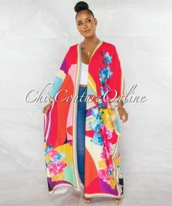 Chic Couture Online Laurice Red Multi-Color Long Kimono Duster