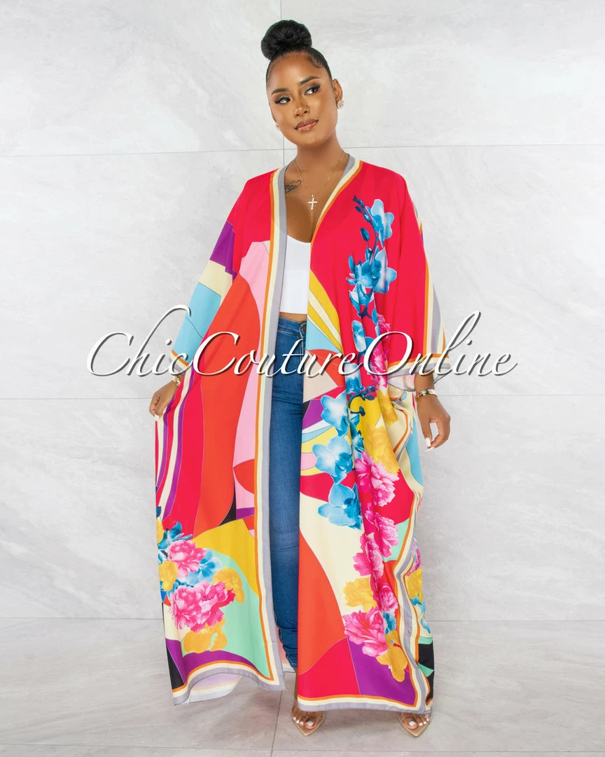 Chic Couture Online Laurice Red Multi-Color Long Kimono Duster