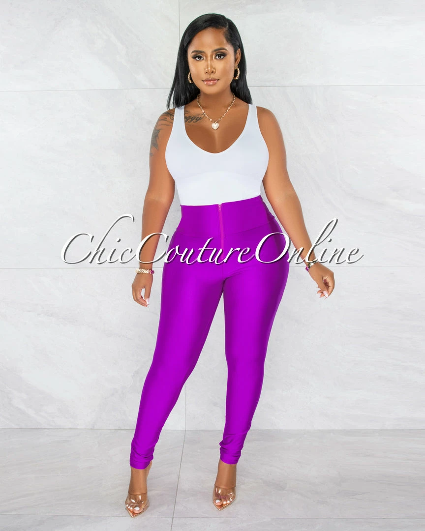 Chic Couture Online Zandrie Purple High Waist Front Zipper Shimmer Leggings