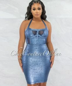 Vendor-unknown JUST IN Artha Sapphire Blue Foil Mesh Details Bandage Dress