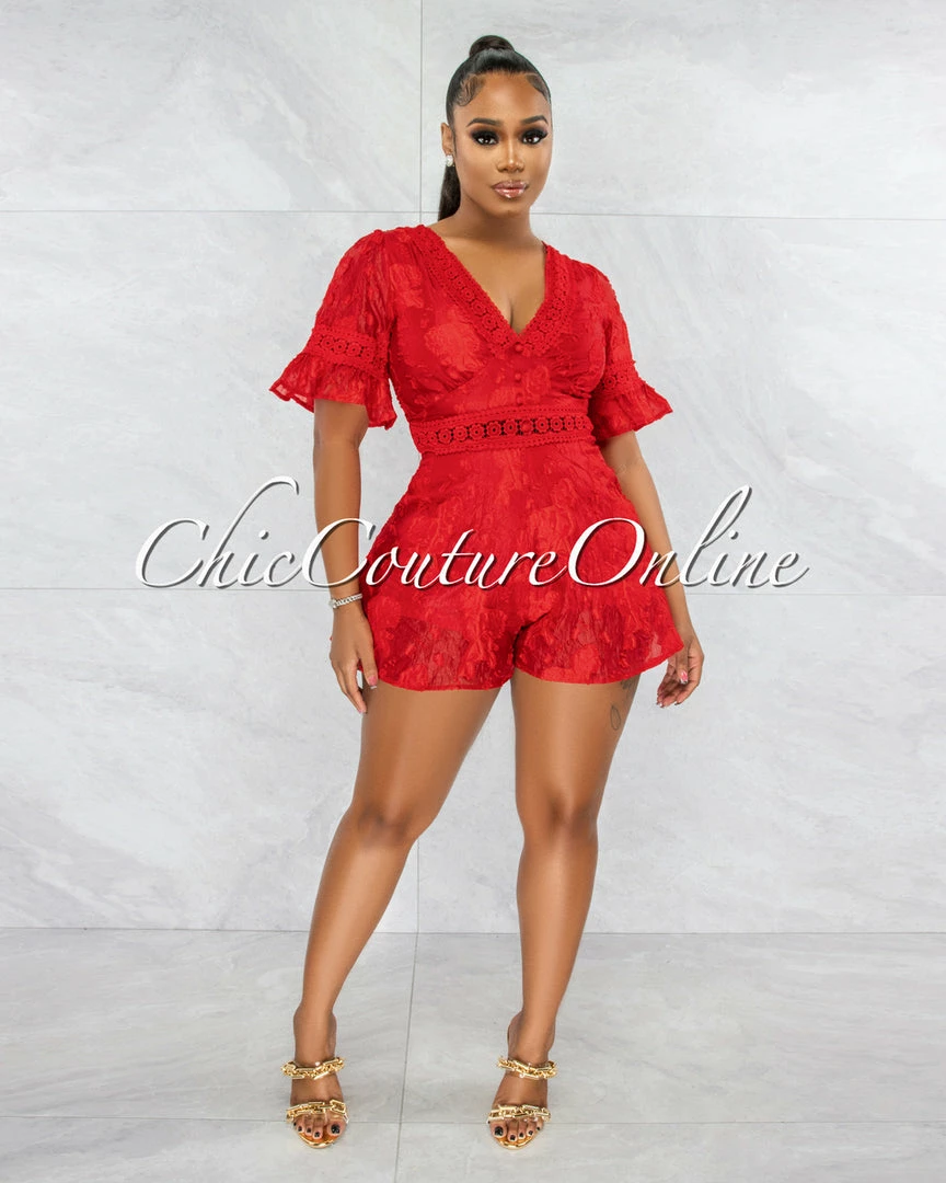 Vendor-unknown JUST IN Eulanda Red Embroidery Top Flutter Romper