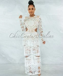 Vendor-unknown JUST IN Nissan Off-White Nude Illusion Crochet Fringe Accent Maxi Dress