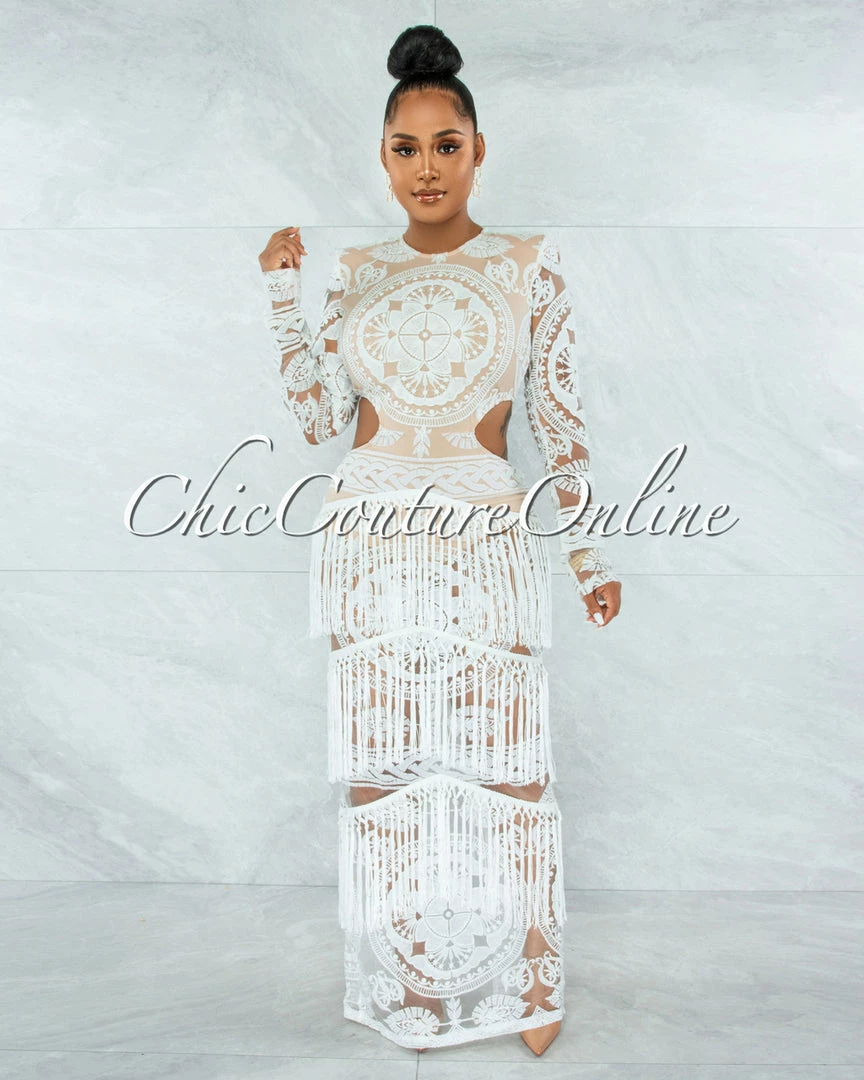 Vendor-unknown JUST IN Nissan Off-White Nude Illusion Crochet Fringe Accent Maxi Dress
