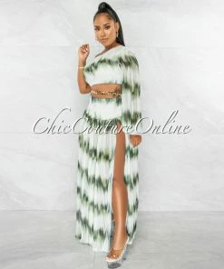Chic Couture Online Roxanne Green White Gold Shimmer Chain Belt Cut-Out Maxi Dress