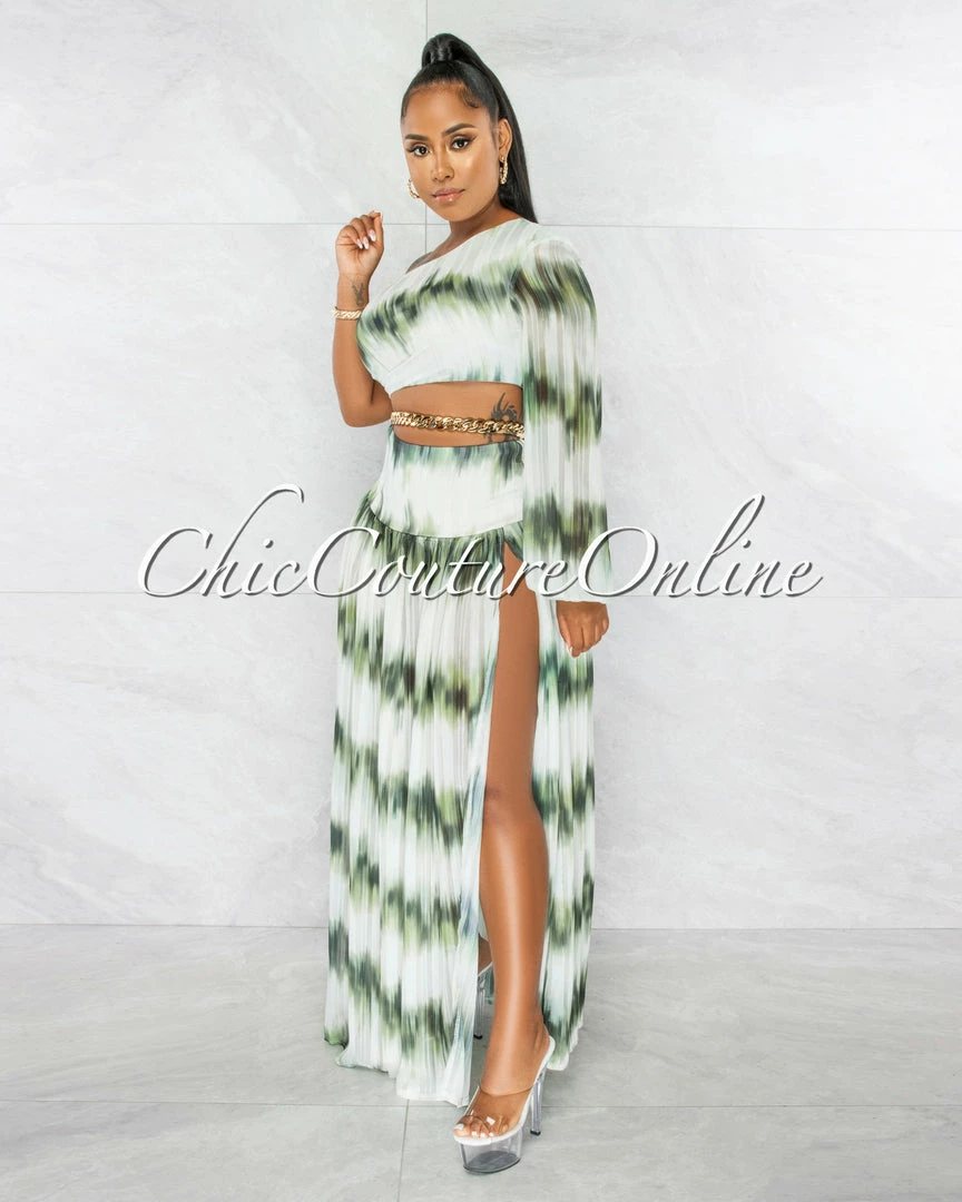 Chic Couture Online Roxanne Green White Gold Shimmer Chain Belt Cut-Out Maxi Dress