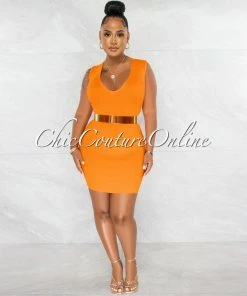 Chic Couture Online Chandler Orange Deep V Neck Ribbed Dress