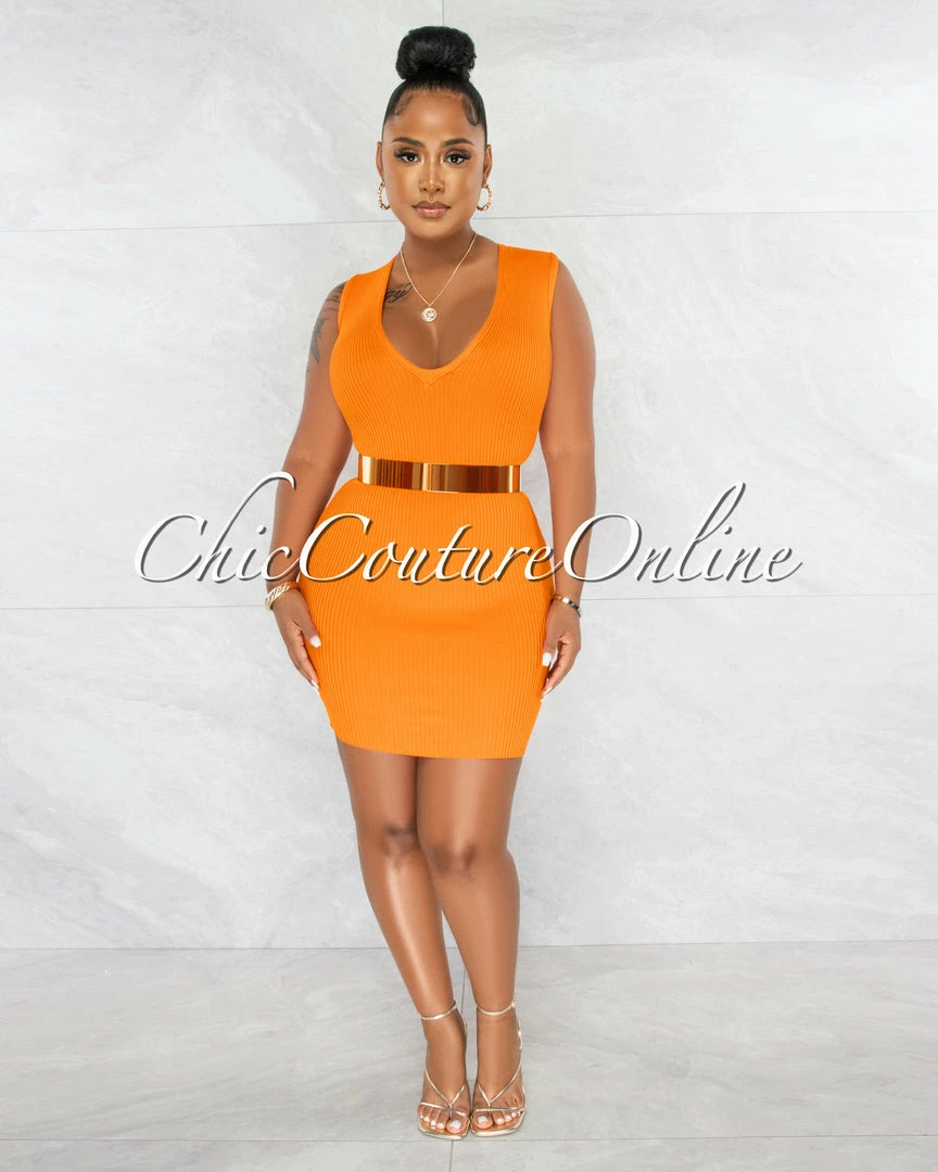 Chic Couture Online Chandler Orange Deep V Neck Ribbed Dress