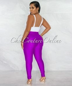 Chic Couture Online Zandrie Purple High Waist Front Zipper Shimmer Leggings
