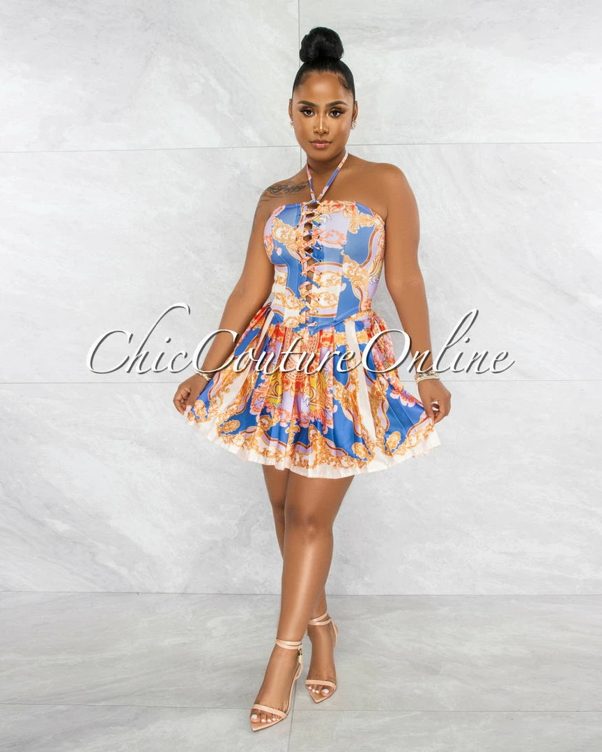 Vendor-unknown Deepti Lilac Print Corset Top & Pleated Skort Set JUST IN