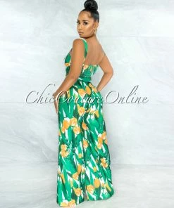 Vendor-unknown JUST IN Caxton Green Orange Print Bow Top & Wide Pants Set