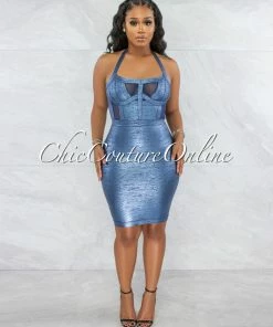 Vendor-unknown JUST IN Artha Sapphire Blue Foil Mesh Details Bandage Dress
