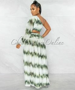 Chic Couture Online Roxanne Green White Gold Shimmer Chain Belt Cut-Out Maxi Dress