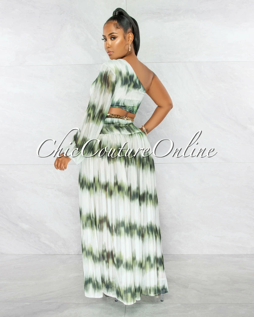 Chic Couture Online Roxanne Green White Gold Shimmer Chain Belt Cut-Out Maxi Dress